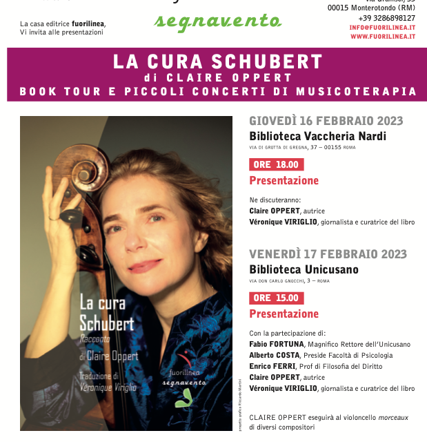 fuorilinea presenta “La cura Schubert di Claire Oppert”. Il Book Tour 2023. Writer Monkey curerà le letture a Monterotondo 